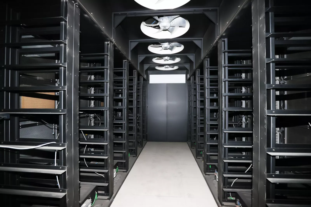 Empty server rack containing recyclable steel and aluminum components