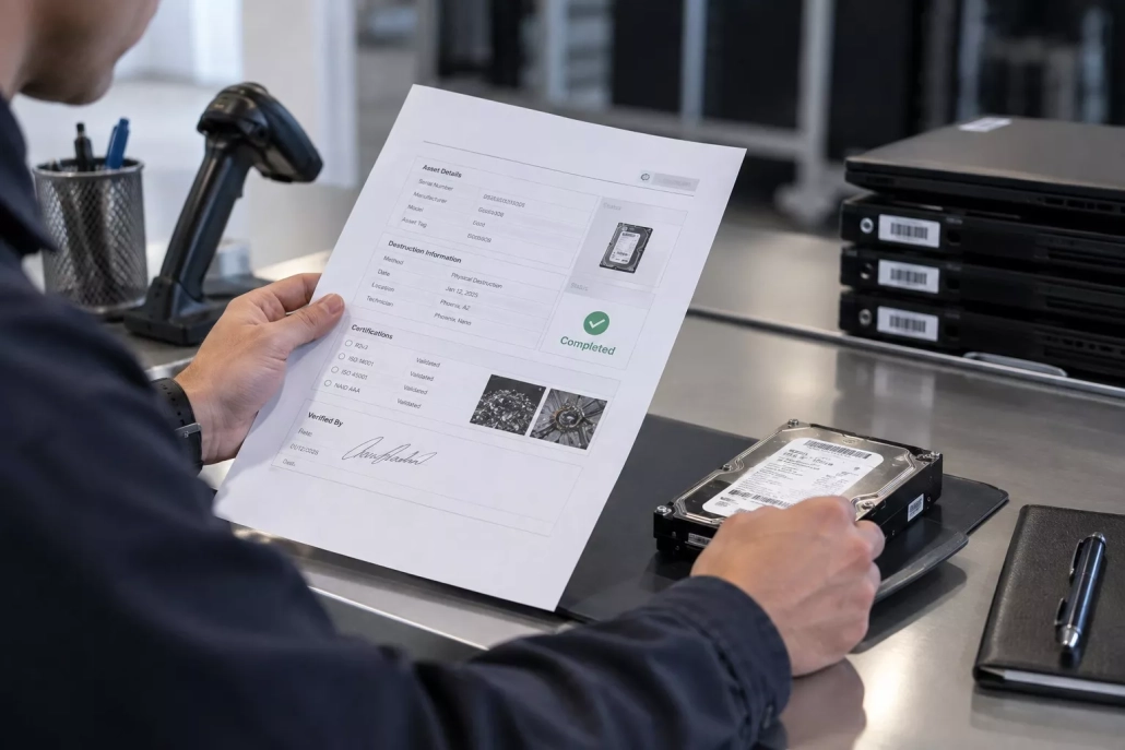 Compliance professional verifying destruction documentation for a retired data-bearing device