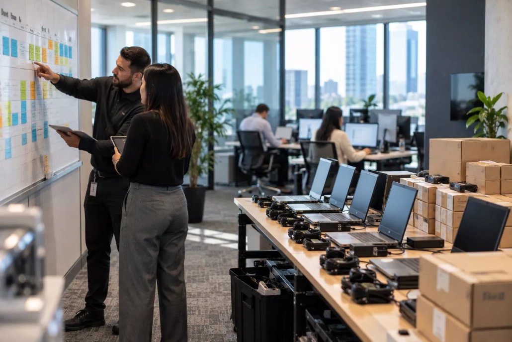 IT specialist replacing an employee workstation during a phased enterprise hardware refresh