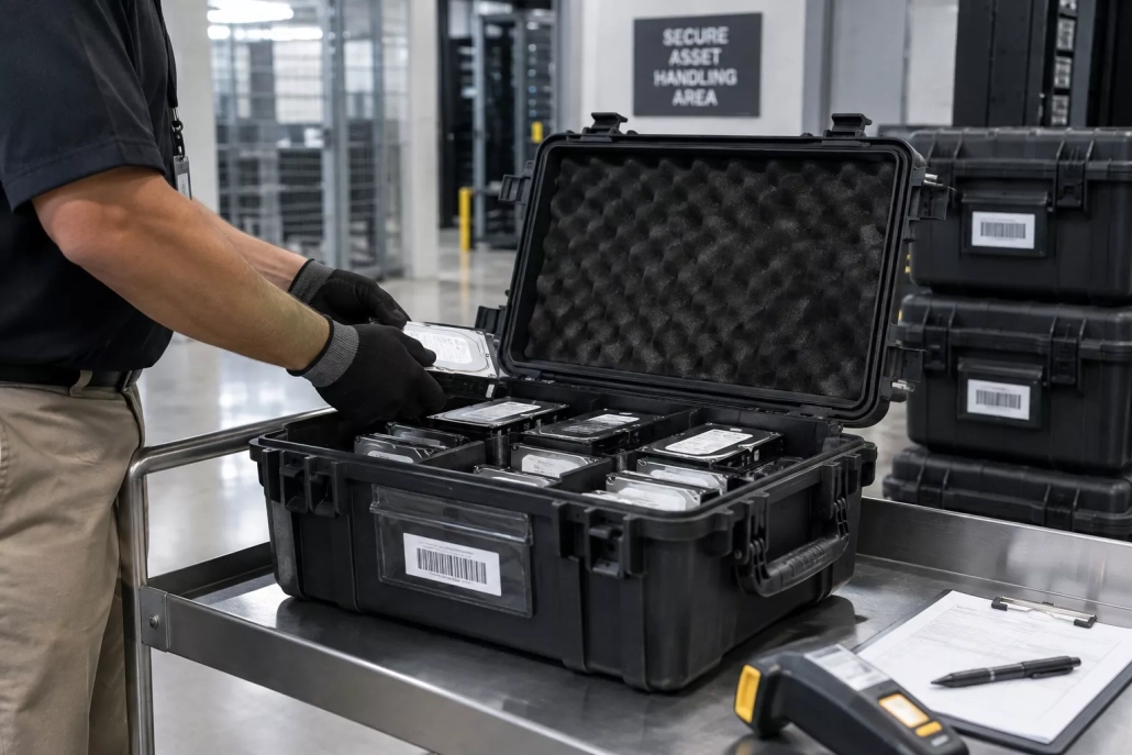 Data-bearing IT assets secured for documented chain of custody during disposition