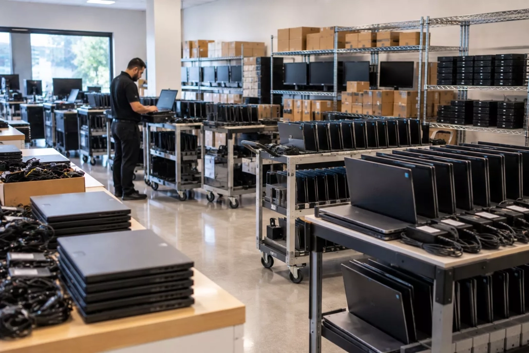 Preconfigured enterprise computers staged for a coordinated hardware refresh rollout