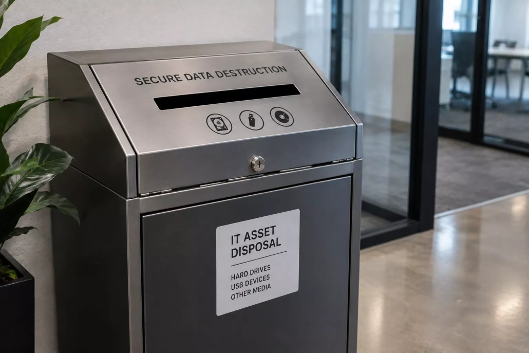 Locked collection container securing data-bearing devices before IT asset disposition